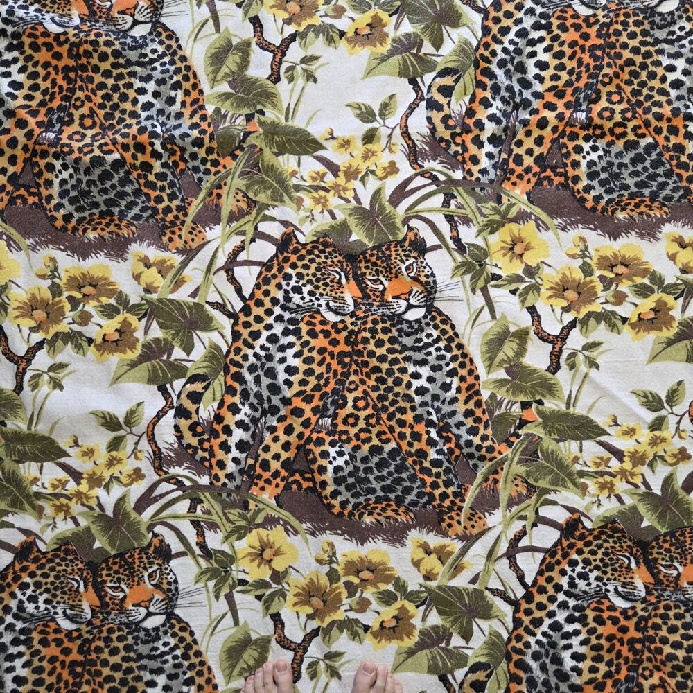 Vintage 1980s Blanket Owen Jungle Print Leopard Floral Nylon Polyester USA Made